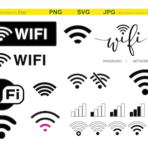以下が含まれることがあります： 白黒のWi-Fiアイコンとロゴのコレクション。画像には、さまざまなフォントの「WIFI」という単語、Wi-Fiシンボル、信号強度インジケーターなど、さまざまなデザインが含まれています。「PASSWORD | NETWORK」というテキストも表示されています。