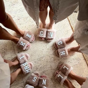 Personalised Fluffy slippers with choice of pearl letters or Varsity letters, Bridesmaid slippers,