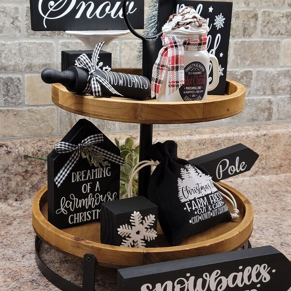 Christmas Tier Tray Black and White, Buffalo Plaid, Farmhouse, Mini Hot Cocoa Mason Jar, Decor