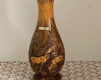 Vintage wooden look vase plastic with hunting motif / deer motif