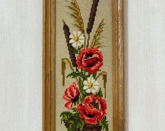 Gobelin picture with red anemones flowers Embroidered picture Wall picture Framed canvas picture