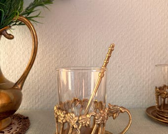 Vintage Set Tea Glass Brass Holder Brass Glass Holder Saucer Mid-Century