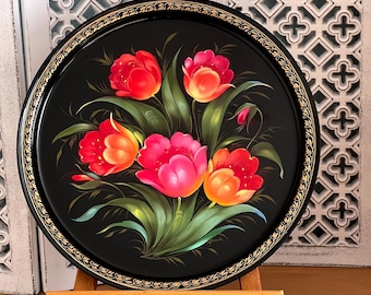 Tray vintage flower motif hand-painted metal tray