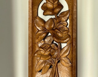Vintage wooden relief picture, wall decor, carved flower, floral, hand-carved, 3D, rustic wood