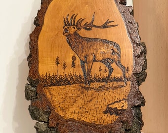 Wooden picture deer pyrography tree disc mural