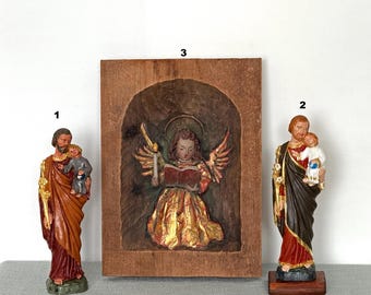Vintage statue of Saint Joseph with the Christ Child, Nativity scene, antique singing angel with candle