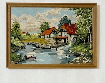 Gobelin picture “Mill at the Rushing Stream“ Embroidered picture Wall picture Framed canvas picture