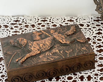 Vintage wooden box wooden tin cigar box gift box motif "Two hunters with hunting dog"