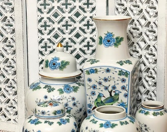 Real porcelain flower vases flowers and birds motif mid-century hand-painted FHH