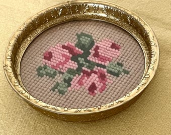 SET of 6 vintage glass coasters tapestry embroidery roses motif brass bowls