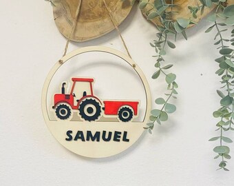 Personalized name tag, door sign, wooden sign children baby, gift birth baptism birthday, tractor, godchild, nursery decoration boy