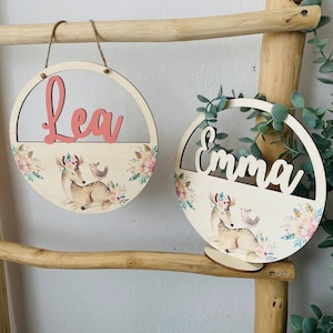 Personalized name sign, door sign, wooden sign, children&#39;s baby, gift birth, baptism, birthday, deer boho, godchild, children&#39;s room decoration