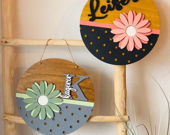 personalisierter Holz Türkranz, Türschild Familie,personalisierte Deko, Einzug, Frühling Sommer Geschenk, Daisy, Name, Dekoration Tür Blume