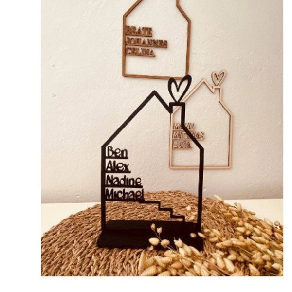 Huis met naam, houten huis gepersonaliseerd, 6 mm houten gepersonaliseerde decoratieve muur housewarming cadeau, deurbord familie, verjaardagscadeau bruiloft