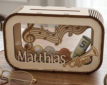 Gepersonaliseerde houten spaarpot met naam en gewenst instrument – Handgemaakt cadeau voor muzikanten, bands en muziekstudenten.