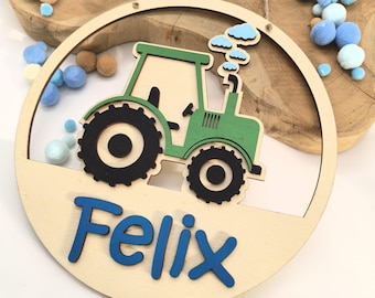 Personalized name plate, door sign, wooden sign for children and babies, gift for birth, baptism, godchild, nursery decoration, tractor, trekker