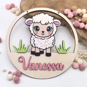 Personalized name plate, door sign, wooden sign children baby, gift birth baptism, godchild, nursery decoration, sheep sheep