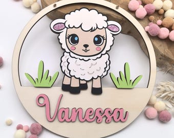 Gepersonaliseerd naamplaatje, deurbordje, houten bordje kinderen baby, cadeau geboorte doop, petekind, kinderkamerdecoratie, schaap schaap