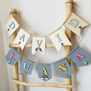 Guirlanda de nombre hecha de collar de banderín de madera con nombre en el color deseado muchos arcoíris y formas para elegir, decoración de la habitación de los niños regalo bautismo de nacimiento