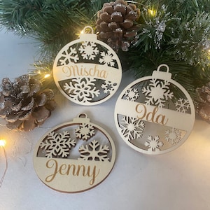 Wooden Christmas balls personalized with names, wooden Christmas tree decorations with snowflakes