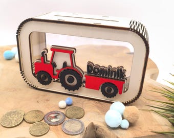 Tractor spaarpot gepersonaliseerd met naam, spaarpot, geldcadeau, cadeau voor geboorte, doop, verjaardag, cadeau-idee, tractor, boerderij
