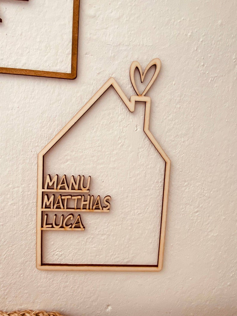 May include: Wooden house-shaped sign with the names Manu, Matthias, and Luca written on it. The house has a heart-shaped chimney.