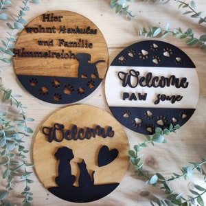 Wooden sign &quot;Family&quot; | &quot;Living here..&quot; | Family sign | Door sign | Welcome sign | Dog | Pet | Paws |  Desired color