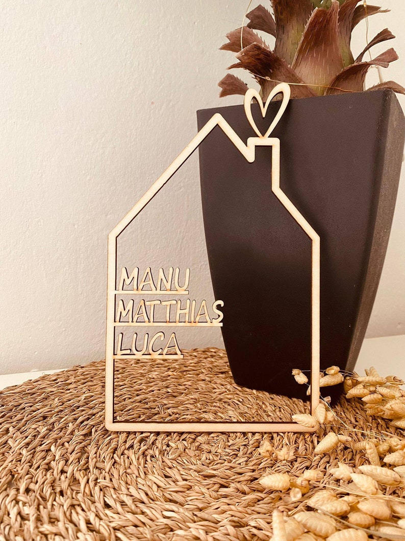 May include: Wooden house-shaped sign with the names Manu, Matthias, and Luca written on it. The sign has a heart-shaped chimney on top.