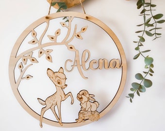 Gepersonaliseerde naambordje, deurbordje, houten bordje kinderen baby, cadeau geboorte doop verjaardag, kinderkamer petekind, bamby hertenkonijn