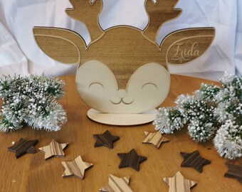 Rendier, hert decoratie gepersonaliseerd met standaard, naam, cadeau, kerstcadeau, kinderkamer, geboorte, doop, verjaardag, kerstversiering