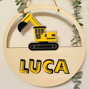 Personalized name plate, door sign, wooden sign children baby, gift birth baptism birthday, excavator, godchild, nursery decoration boy