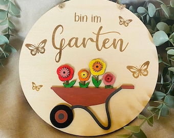 Panneau « Sont/Suis dans le jardin », panneau de porte de la couleur souhaitée, clôture de jardin, décoration de jardin, porte d'entrée, amis du jardin, fleurs