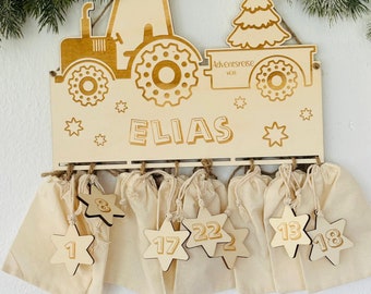 Adventskalender XXL tractor van hout, gepersonaliseerd met gewenste tekst, vele lettertypes, cadeau-idee, baby, Kerstmis, Advent, Sinterklaas
