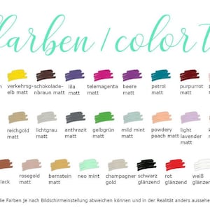 May include: A chart of color trends with 36 color swatches. The colors are labeled in German and English. The colors include black, red, teal blue, moss green, yellow, brown, purple, pink, magenta, berry, teal, burgundy, ivory, light gray, anthracite, green, mint, peach, lavender, copper, navy blue, turquoise, and mauve. The colors are labeled as matte or glossy.