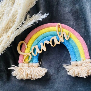 Personalized rainbow made of wood, wool, macrame, gift, birth, christening, birthday, children&#39;s room decoration