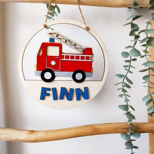 Cartello con nome personalizzato, cartello per porta, cartello in legno, bambini, bambino, regalo, nascita, battesimo, camion dei pompieri, vigili del fuoco, figlioccio, decorazione della stanza dei bambini