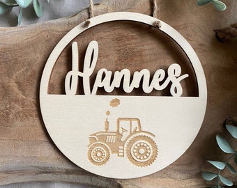 Personalized name sign, door sign, wooden sign, children's baby, gift, birth, baptism, birthday, tractor, godchild, children's room decoration