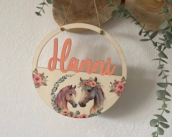 Gepersonaliseerd naambord, deurbord, houten bord kinderen baby, cadeau geboorte doop verjaardag, paard veulen petekind, kinderkamer decoratie