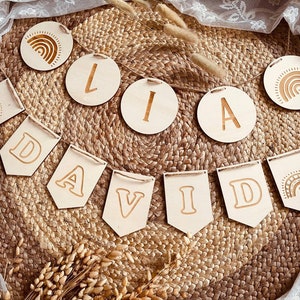 Guirlanda de nombre hecha de collar de banderín de madera con nombre en el color deseado muchos arcoíris y formas para elegir, decoración de la habitación de los niños regalo bautismo de nacimiento