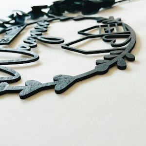 May include: Black wooden sign with the words "Our Forever" and a house design. The sign is decorated with a leafy wreath.