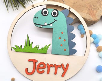 Personalized name plate, door sign, wooden sign children baby, gift birth baptism dino dinosaur, godchild, nursery decoration, Trex