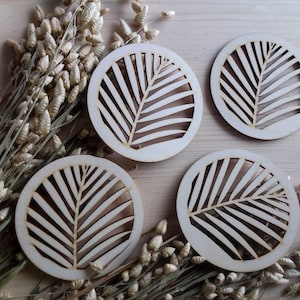 Coaster set made of wood in your desired color, 4 mm and 6 mm, tropical, palm leaf, placemat, gift set, glasses, cups, wedding, geometric