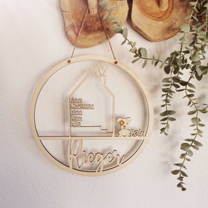 Haus mit Namen, Holzhaus personalisiert, Holz, Hund, Katze, Haustier, Wand Einzug, Türkranz, Türschild Familie, Geburtstagsgeschenk Hochzeit