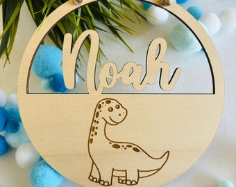 Personalized name plate, door sign, wooden sign children baby, gift birth baptism birthday, dino, godchild, children's room decoration