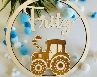 Personalized name plate, door sign, wooden sign children baby, gift birth baptism birthday, tractor, godchild, children's room decoration