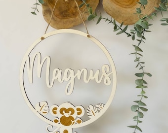 Gepersonaliseerde naambord aap aap deurbord, houten bord kinderen baby, cadeau geboorte doop verjaardag, petekind kinderkamer decoratie