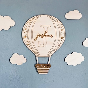 Hot air balloon boho style wooden decoration for the nursery baby with name personalized name tag with clouds gift birthday child