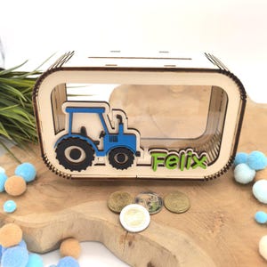 Hucha de tractor personalizada con nombre, hucha, regalo de dinero, regalo para nacimiento, bautizo, cumpleaños, idea de regalo, tractor, granja