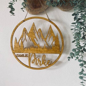 Wreath with name, mountain love personalized, wooden personalized decoration wall move-in, door wreath, door sign family, birthday gift wedding