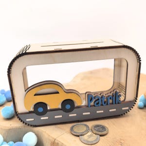 Car money box personalized with name in desired colors, money box, piggy bank, money gift, gift for birth, baptism, birthday